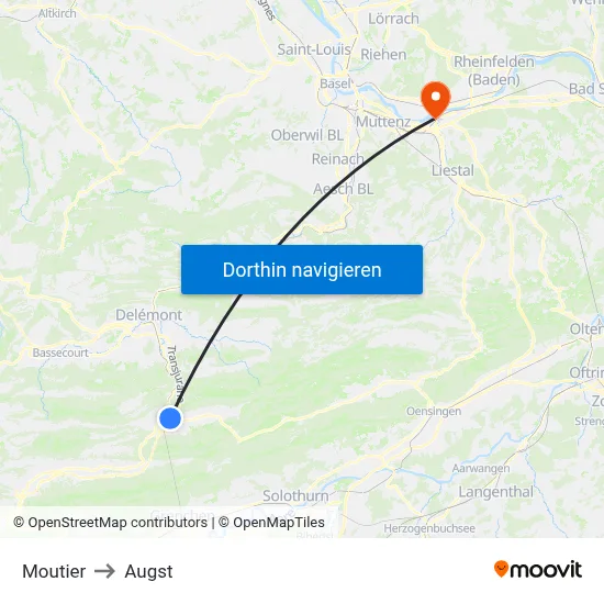 Moutier to Augst map