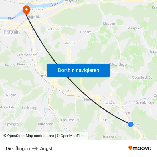 Diepflingen to Augst map