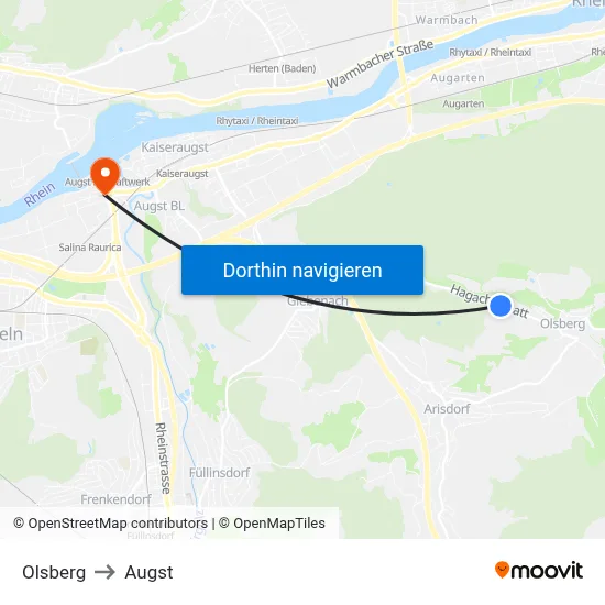 Olsberg to Augst map