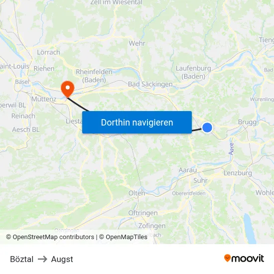 Böztal to Augst map