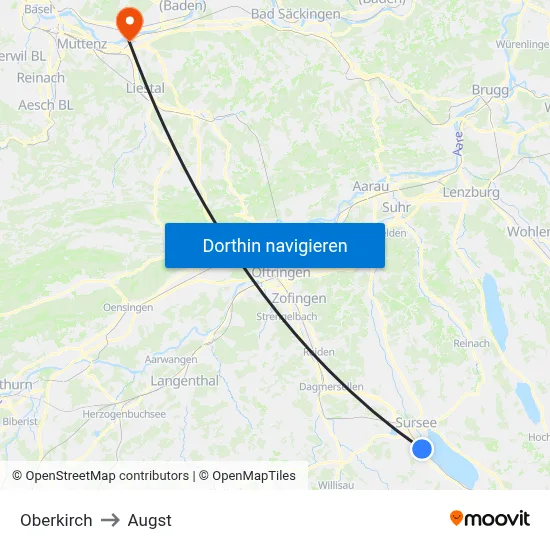 Oberkirch to Augst map
