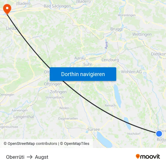 Oberrüti to Augst map