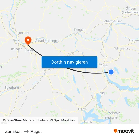 Zumikon to Augst map