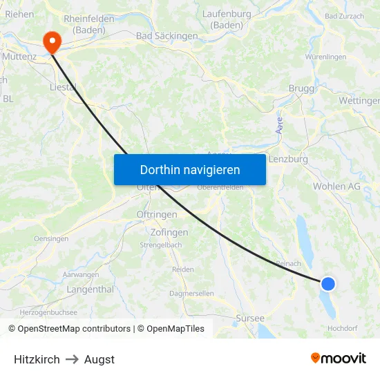 Hitzkirch to Augst map