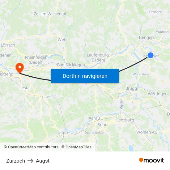 Zurzach to Augst map