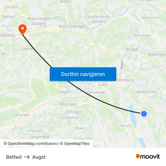 Bettwil to Augst map