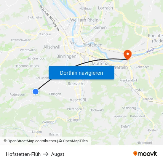 Hofstetten-Flüh to Augst map
