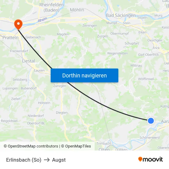 Erlinsbach (So) to Augst map