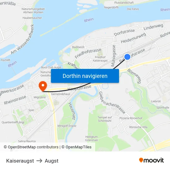 Kaiseraugst to Augst map