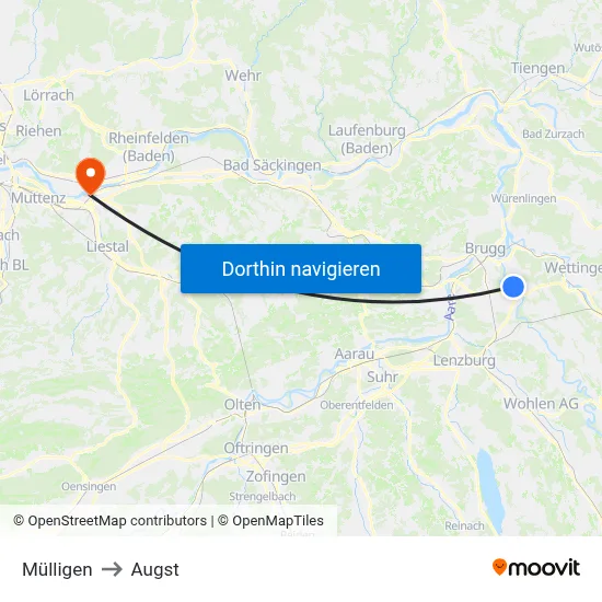 Mülligen to Augst map