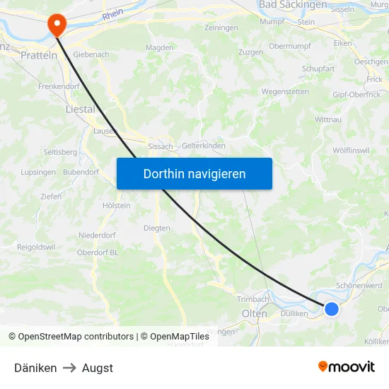 Däniken to Augst map