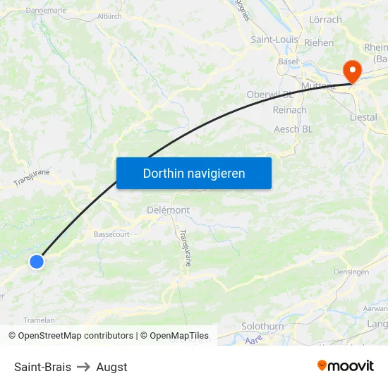Saint-Brais to Augst map