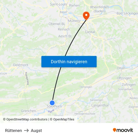 Rüttenen to Augst map