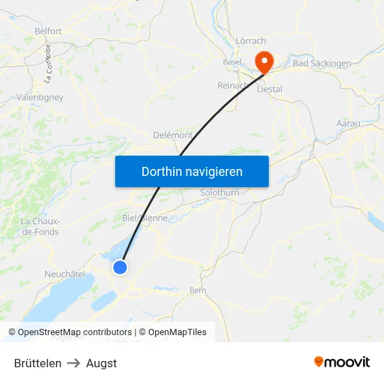 Brüttelen to Augst map