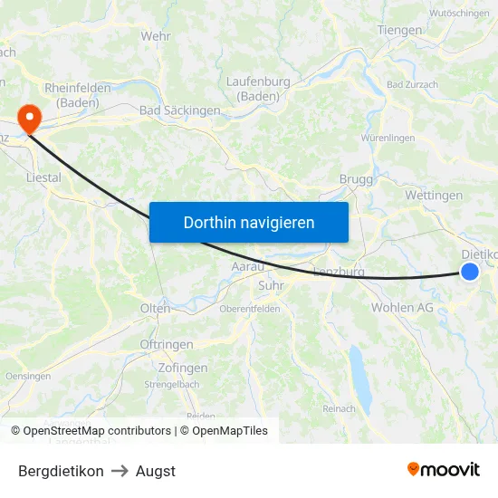 Bergdietikon to Augst map