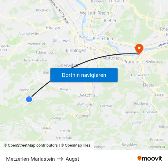 Metzerlen-Mariastein to Augst map