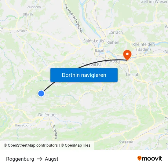Roggenburg to Augst map