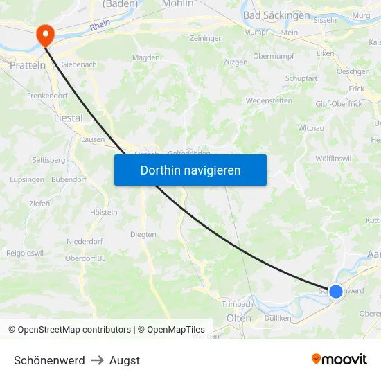 Schönenwerd to Augst map