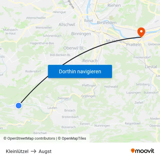 Kleinlützel to Augst map