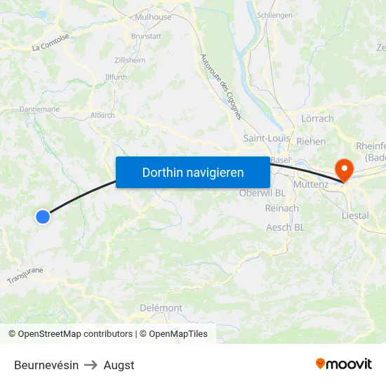 Beurnevésin to Augst map