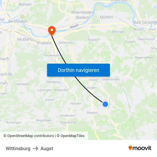 Wittinsburg to Augst map