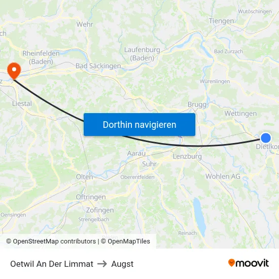 Oetwil An Der Limmat to Augst map