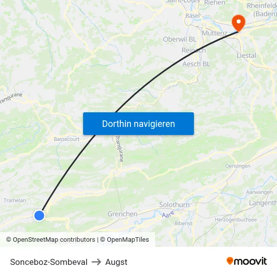 Sonceboz-Sombeval to Augst map