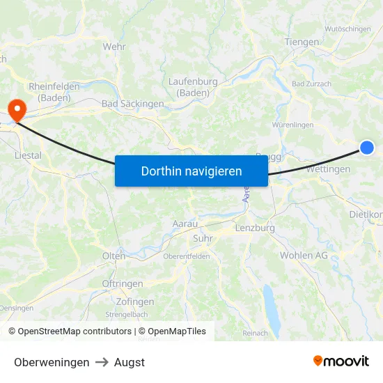 Oberweningen to Augst map