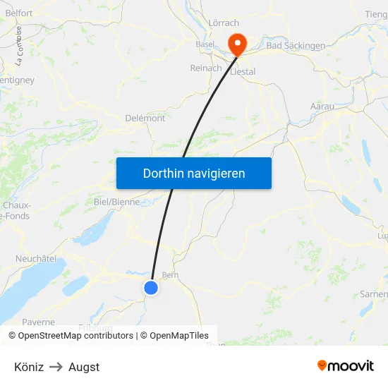 Köniz to Augst map