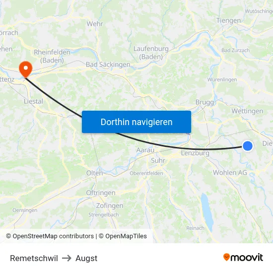 Remetschwil to Augst map