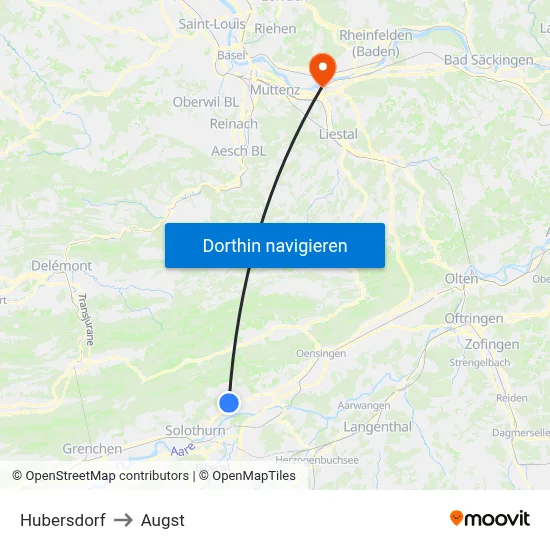 Hubersdorf to Augst map