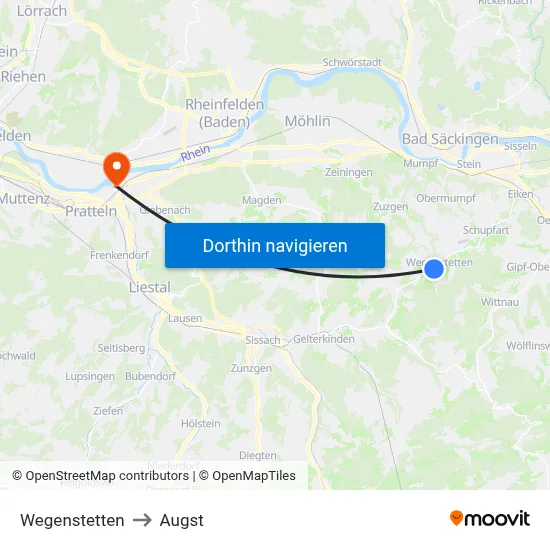 Wegenstetten to Augst map
