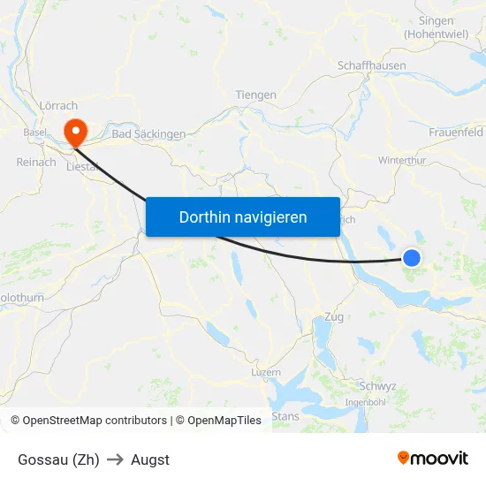 Gossau (Zh) to Augst map