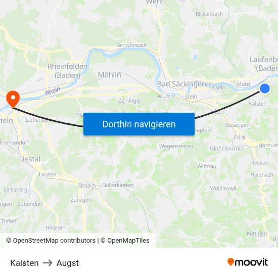 Kaisten to Augst map