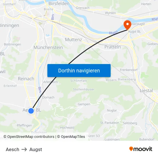 Aesch to Augst map
