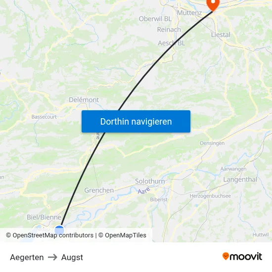 Aegerten to Augst map