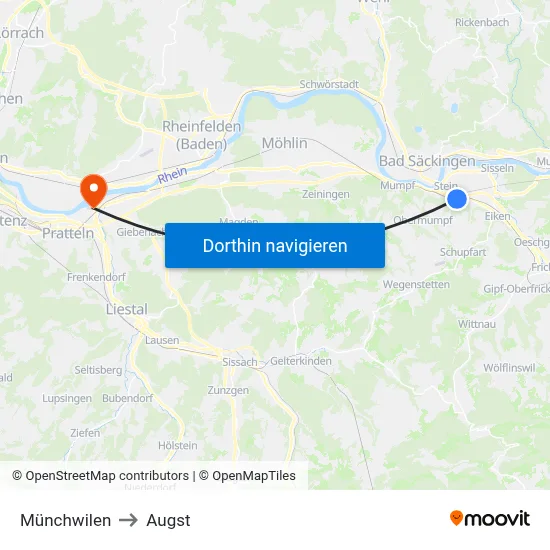 Münchwilen to Augst map