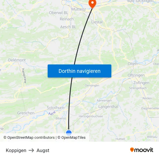 Koppigen to Augst map