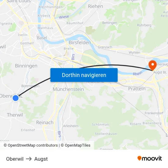 Oberwil to Augst map