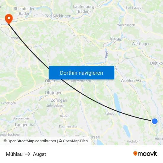 Mühlau to Augst map