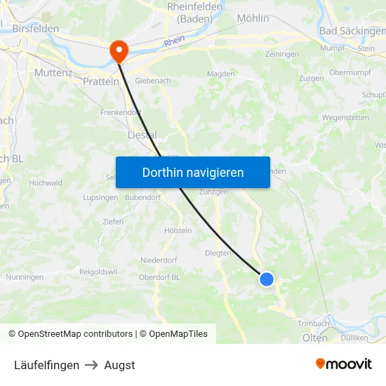 Läufelfingen to Augst map