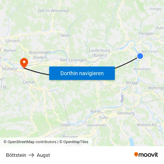 Böttstein to Augst map