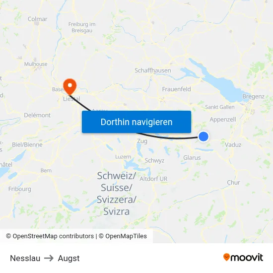 Nesslau to Augst map