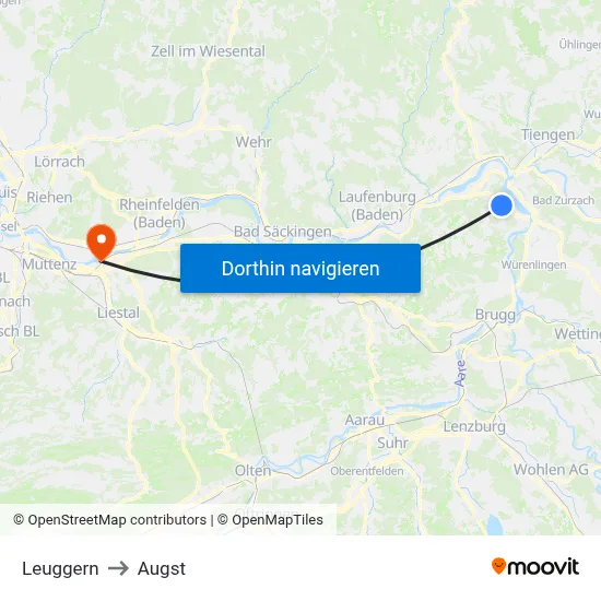 Leuggern to Augst map