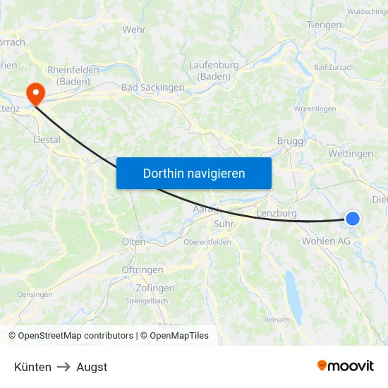 Künten to Augst map