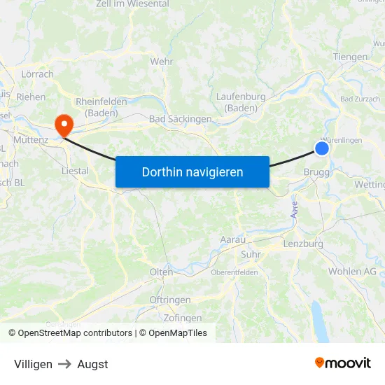 Villigen to Augst map