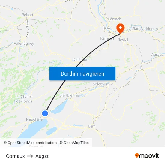 Cornaux to Augst map