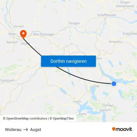 Wollerau to Augst map