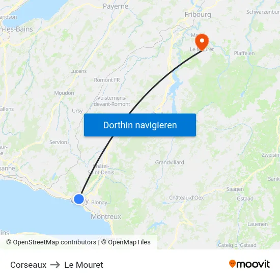 Corseaux to Le Mouret map