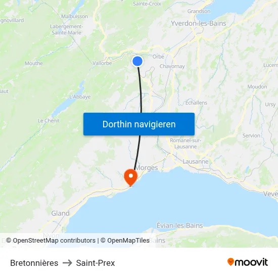 Bretonnières to Saint-Prex map